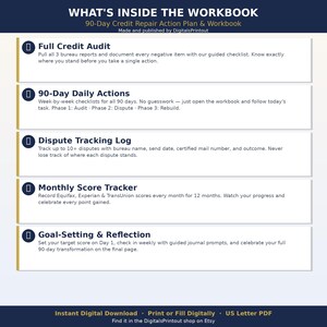 May include: A digital 90-Day Credit Repair Action Plan & Workbook featuring sections for a Full Credit Audit, 90-Day Daily Actions, Dispute Tracking Log, Monthly Score Tracker, and Goal-Setting & Reflection. The document is a US Letter PDF format.