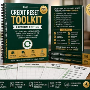 May include: A 2026 edition Credit Reset Toolkit premium edition spiral-bound book with a dark green cover, featuring white and gold text, a circular logo, and accompanying printed worksheets including a credit report audit and debt payoff planner.