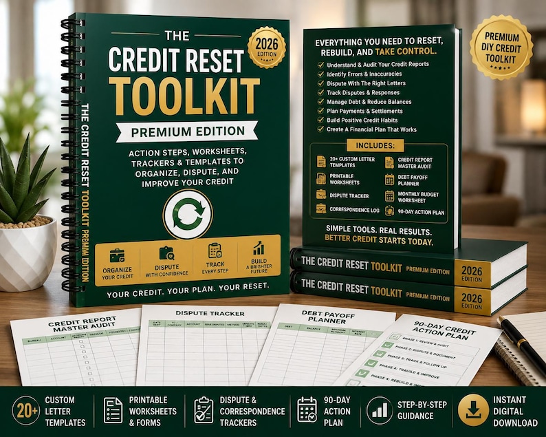 May include: A 2026 edition Credit Reset Toolkit premium edition spiral-bound book with a dark green cover, featuring white and gold text, a circular logo, and accompanying printed worksheets including a credit report audit and debt payoff planner.