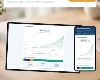 May include: A 401k Retirement Projector web app interface displayed on a tablet and smartphone screen. The dashboard shows a projected nest egg of $1,545,710 with a growth chart, contribution breakdown, and the text 401k Retirement Projector.