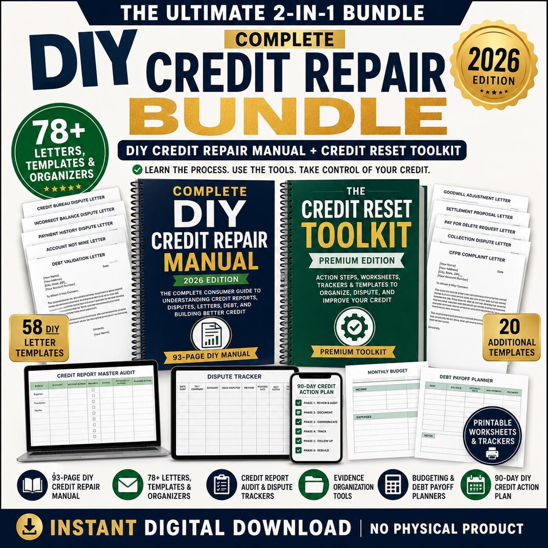 DIY Credit Repair Kit 2026 – 78+ Letters, Credit Repair Ebook & Workbook Bundle