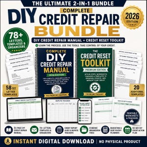May include: A digital bundle titled The Ultimate 2-in-1 Bundle DIY Credit Repair Bundle 2026 Edition, featuring a manual, a credit reset toolkit, 78+ letters, templates, organizers, a dispute tracker, a budget planner, and a debt payoff planner.