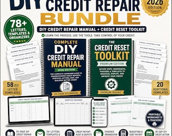 May include: A digital bundle titled The Ultimate 2-in-1 Bundle DIY Credit Repair Bundle 2026 Edition, featuring a manual, a credit reset toolkit, 78+ letters, templates, organisers, a dispute tracker, a budget planner, and a debt payoff planner.