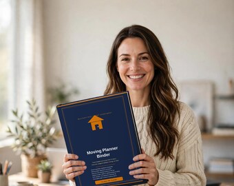 May include: A dark blue binder titled Moving Planner Binder with an orange house icon. The cover features text including Military PCS Expert Apartment and additional small print. The binder has a thin orange border and a professional, clean design.