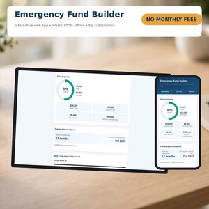 Könnte beinhalten: Eine digitale Benutzeroberfläche namens Emergency Fund Builder auf einem Tablet und Smartphone. Der Bildschirm zeigt einen zu 50 % finanzierten Fortschrittsring, ein Ziel von 19.200 $, 9.600 $ Ersparnisse, 9.600 $ Restbetrag und das Datum Okt 2027.