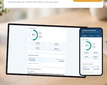 May include: A digital interface titled Emergency Fund Builder displayed on a tablet and smartphone. The screen shows a 50% funded progress ring, a target fund of $19,200, $9,600 saved, $9,600 still to save, and a projected funded date of Oct 2027.