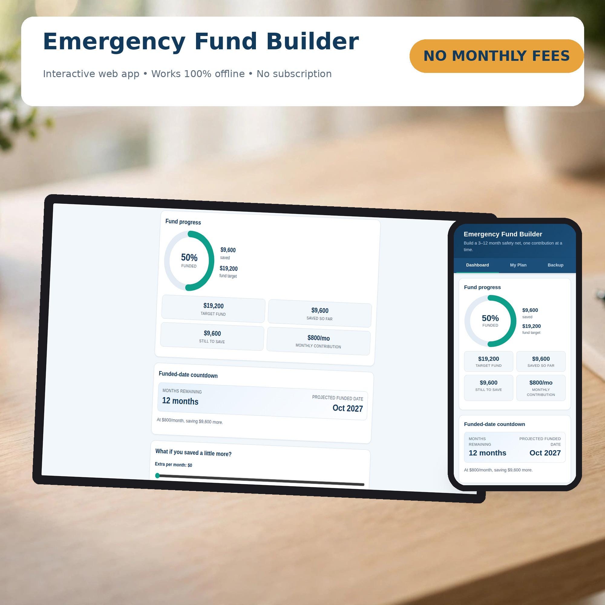 Emergency Fund Builder Web App, Emergency Savings Goal Tracker Calculator, Offline HTML Planner, No Subscription