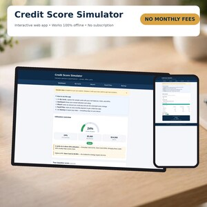May include: A Credit Score Simulator web app displayed on a laptop and smartphone screen. The interface shows a dashboard with utilisation overview, a 24% utilisation gauge, balance and limit data, and instructions for managing credit cards.