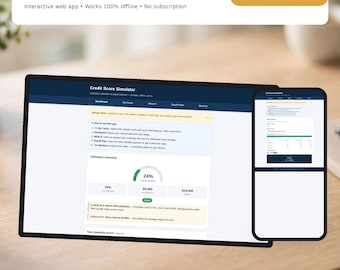 May include: A Credit Score Simulator web app displayed on a laptop and smartphone screen. The interface shows a dashboard with utilization overview, a 24% utilization gauge, balance and limit data, and instructions for managing credit cards.