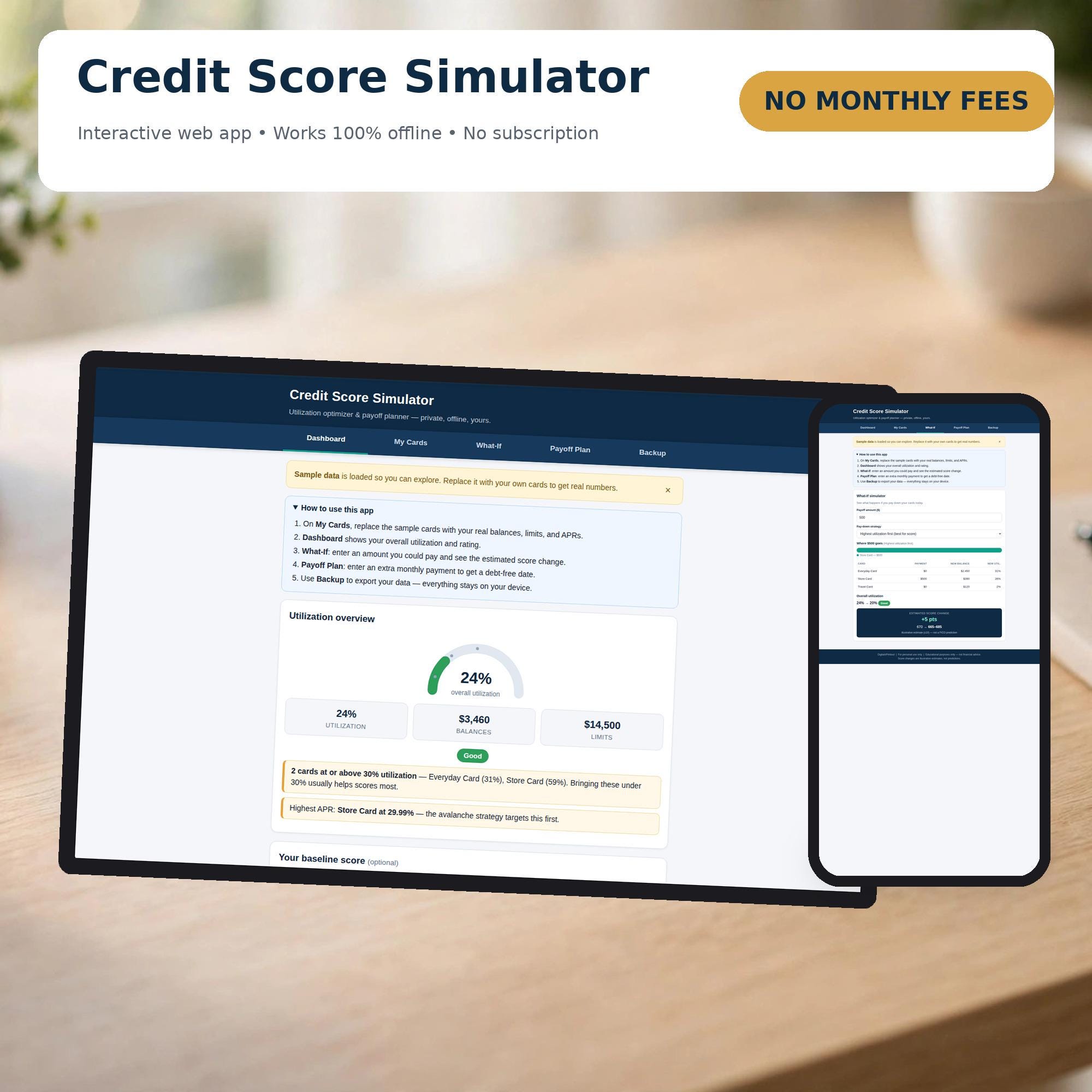Credit Score Simulator Web App, Utilization Optimizer & Debt Payoff Planner, Offline HTML Finance Tool, No Subscription Needed