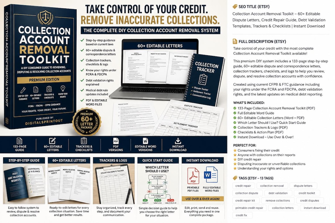 Collection Account Removal Toolkit – 60+ Dispute Letters & Debt Validation Templates