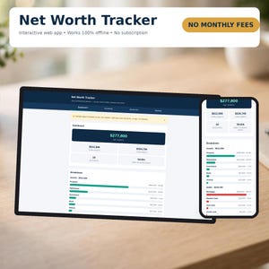 Op de afbeelding: Een digitale interface voor het bijhouden van het nettovermogen op een tablet- en smartphonescherm. Het dashboard toont financiële gegevens zoals totale activa, schulden en nettovermogen. Tekst: Net Worth Tracker.