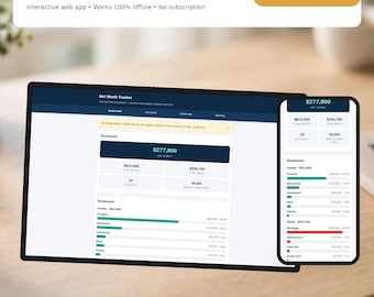 May include: A digital net worth tracker interface displayed on a tablet and smartphone screen. The dashboard shows financial data including total assets, total debts, and net worth. Text includes Net Worth Tracker and No Monthly Fees.