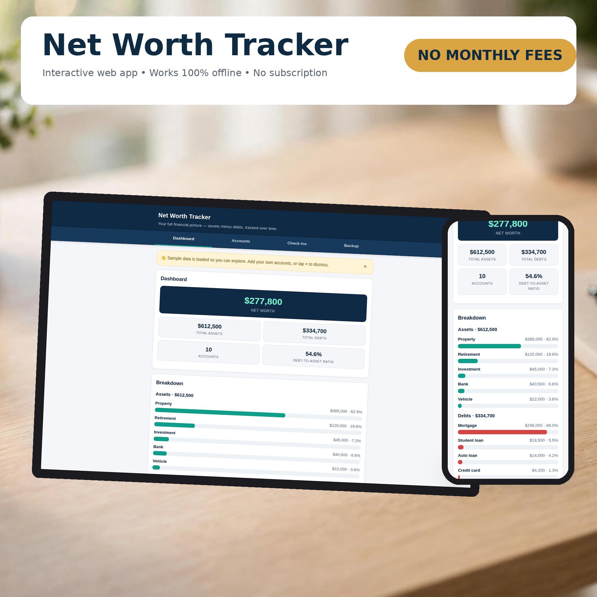 Net Worth Tracker Web App, Personal Finance Dashboard, Offline HTML Net Worth Calculator, No Subscription Needed