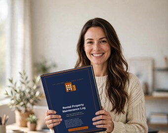May include: A dark blue rectangular rental property maintenance log book with an orange building icon on the cover. The text reads Rental Property Maintenance Log, along with smaller descriptive text and an orange button graphic at the bottom.