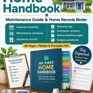 Op de afbeelding: Een digitaal My First Home Handbook onderhoudsgids en woningdossier met een blauwe kaft, tabbladen, onderhoudschecklist, garantielogboeken, aannemerscontacten, inventarispagina's en budgetwerkbladen.