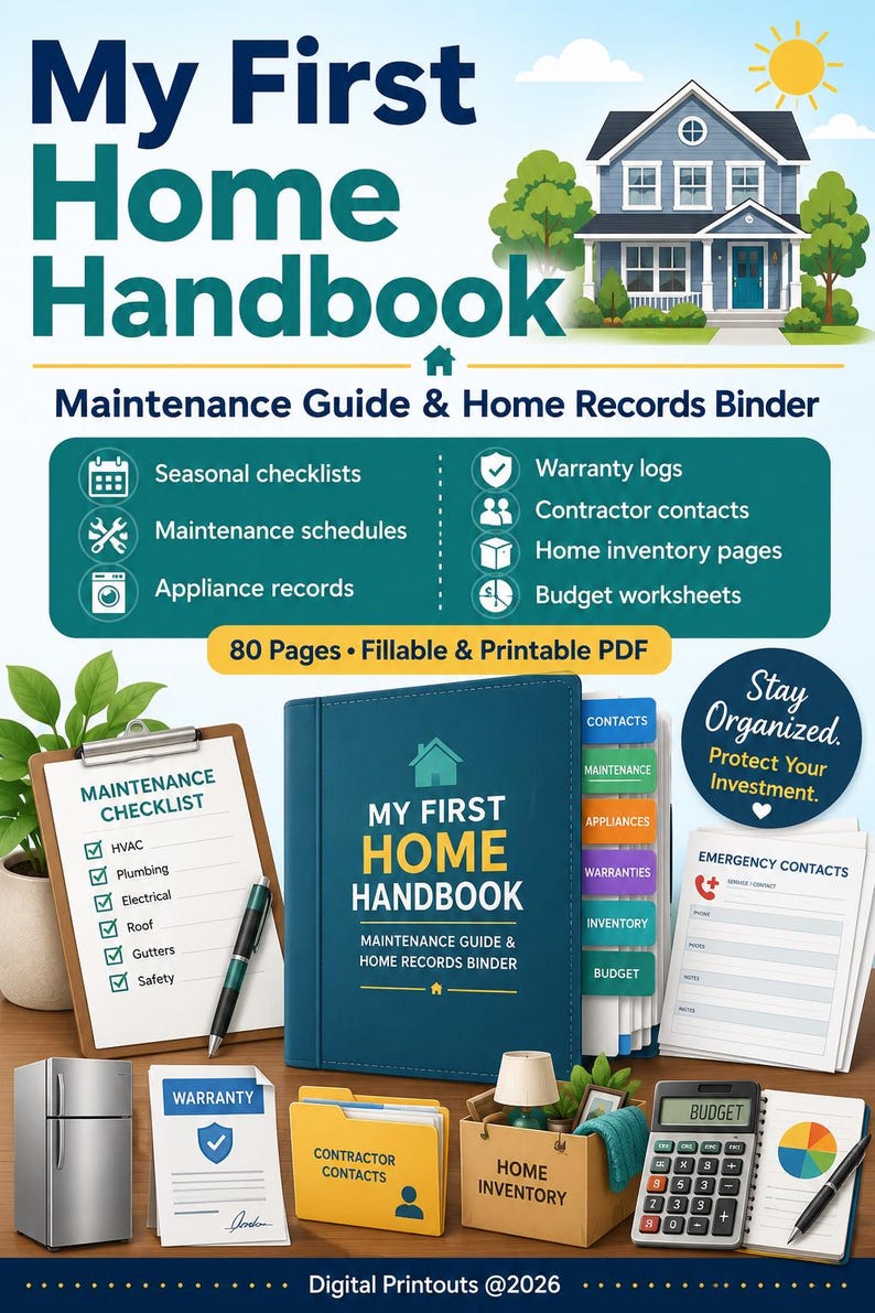 Op de afbeelding: Een digitaal My First Home Handbook onderhoudsgids en woningdossier met een blauwe kaft, tabbladen, onderhoudschecklist, garantielogboeken, aannemerscontacten, inventarispagina's en budgetwerkbladen.