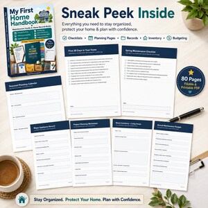 Op de afbeelding: Een My First Home Handbook map met 80 invulbare en printbare pagina's. De set bevat een seizoensgebonden planningskalender, een 30-dagen checklist, voorjaarsonderhoud, apparatuurgegevens, projectplanning, kamerinventaris en jaarlijkse budgetbladen.