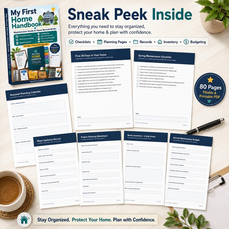 Op de afbeelding: Een My First Home Handbook map met 80 invulbare en printbare pagina's. De set bevat een seizoensgebonden planningskalender, een 30-dagen checklist, voorjaarsonderhoud, apparatuurgegevens, projectplanning, kamerinventaris en jaarlijkse budgetbladen.