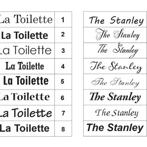 May include: A graphic featuring the text "La Toilette" in various fonts and styles, numbered 1-8, alongside "The Stanley" in different fonts, numbered 2.1-2.8. All text is in black against a white background.