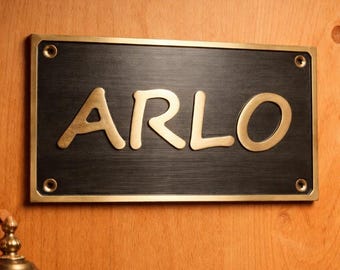 Square Brass Name Sign Custom Door Plaque Black Background Gold Letter Personalized Name Plate