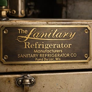 May include: Close-up of a vintage brass plate with the words "The Sanitary Refrigerator" in elegant script. The plate also includes "Manufacturers" and "Sanitary Refrigerator Co, Fond Du Lac, Wis". The plate is mounted on a metal surface.
