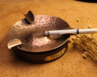 Personalized handmade forged brass ashtray, Walnut combination ashtray, Gift for him, Anniversary gift.