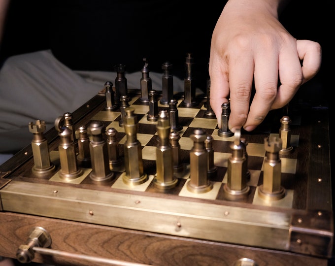 Steampunk Chess Set, Bronze Chess Set, Custom Handcrafted Chess Set, Luxury Chess Set, Wooden Chess Set, Classic Chess Set.