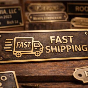 May include: Bronze rectangular plaque with the words "FAST SHIPPING" and a truck graphic. The plaque is mounted with four screws and is surrounded by other bronze plaques with text. The background is a wooden surface.
