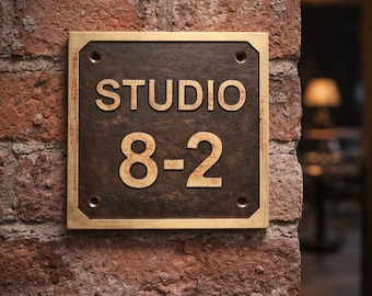 Personalized Brass Studio Sign, Custom Engraved Door Plaque, Solid Brass Room Number Sign, Vintage Workshop or Office Sign