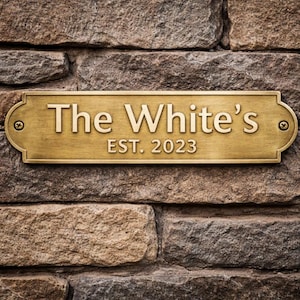Placa de latón White's Established 2023, letrero personalizado con el nombre de la familia, letrero de latón macizo para la casa, placa de puerta vintage, letrero con la fecha de fundación.