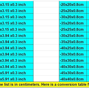 May include: A teal and white conversion table showing measurements in centimeters and inches. The table includes dimensions like 10x8x0.8cm (3.94x3.15x0.3 inches) and 20x20x0.8cm (7.87x7.87x0.3 inches).
