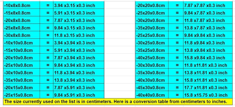 May include: A teal and white conversion table showing measurements in centimeters and inches. The table includes dimensions like 10x8x0.8cm (3.94x3.15x0.3 inches) and 20x20x0.8cm (7.87x7.87x0.3 inches).