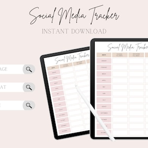 May include: A printable social media tracker in PDF format. The tracker has columns for month, Facebook followers, Instagram followers, and TikTok followers.