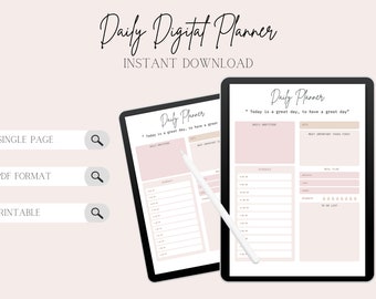 May include: A digital daily planner template on a tablet screen. The planner has sections for daily gratitudes, most important tasks, schedule, meal plan, and to-do list. The text on the planner says "Today is a great day, to have a great day."