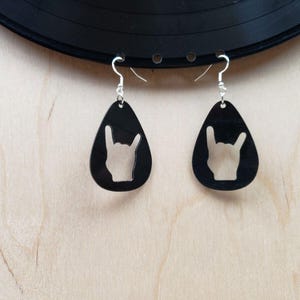 Rock N Roll Hand Horn Earrings Made From Upcycled Vinyl Records, Rock Salute Hands Sign Fashion Jewelry Sillouette, Metal Punk Classic Rock