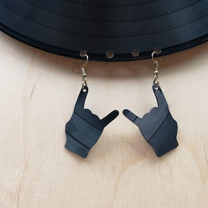 Metal Salute Horn Sign Earrings Made From Music Records, Vintage Repurposed Rock N Roll Jewelry, Reclaimed LP Album Silhouette Earrings