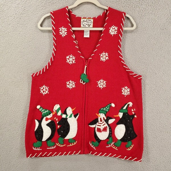 Vintage Heirloom Collectibles Sweater Vest Womens Medium Ice Skating Penguins Snow Full Zip Christmas Snowflakes Embroidered Textured