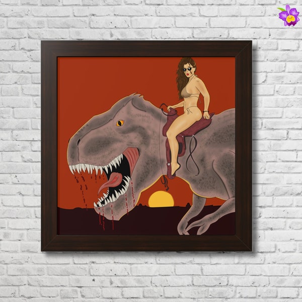 Framed Art Print | Badass Woman Riding a Dinosaur T-Rex | wall decor | fantasy art | comic book style | Poster