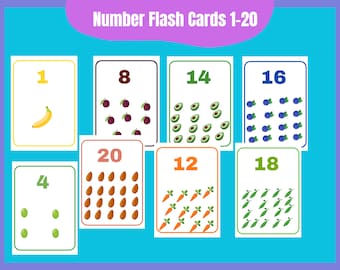 Tarjetas didácticas de números preescolares del 1 al 20. Descarga digital