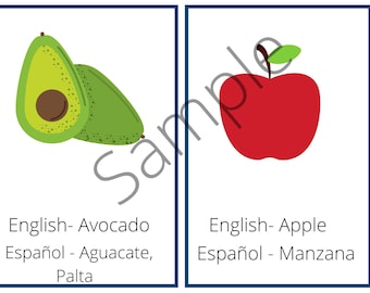 Tarjetas didácticas bilingües inglés-español sobre frutas y verduras.