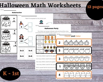 Hojas de trabajo de matemáticas de Halloween desde jardín de infantes hasta 1er año