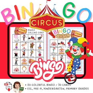Circus Bingo Game Carnival Fun Birthday Halloween Classroom Activity Worksheet Pre-K, Kindergarten Vocabulary Kids l Digital Download