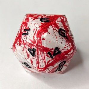 Jumbo D20 Custom Dice - Blood Splatter Shell Insert Dice - Handmade resin dice for D&D and Roleplaying - Chonk D20 Sharp Edge Die