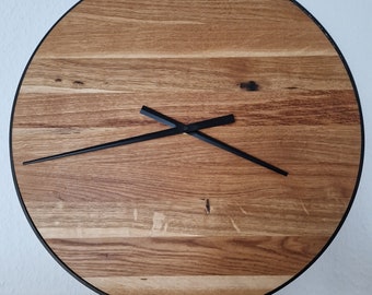 XXL wall clock/wooden clock made of rustic oak with steel ring, solid wood, metal, modern, unique