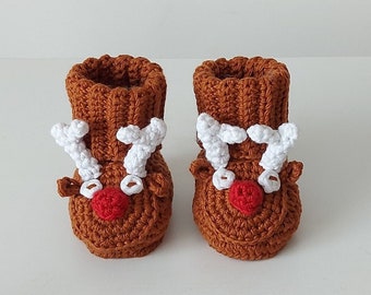 Crochet reindeer boots, Christmas baby boots, Handmade newborn gift