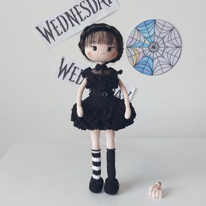 Crochet Wednesday Addams doll, Amigurumi Wednesday with thing