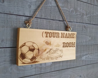 Handmade Engraved Personalised Solid Wood Kids (boys) Football Room Name / Door Sign Plaque / Wall Plaque 12cm x 25cm