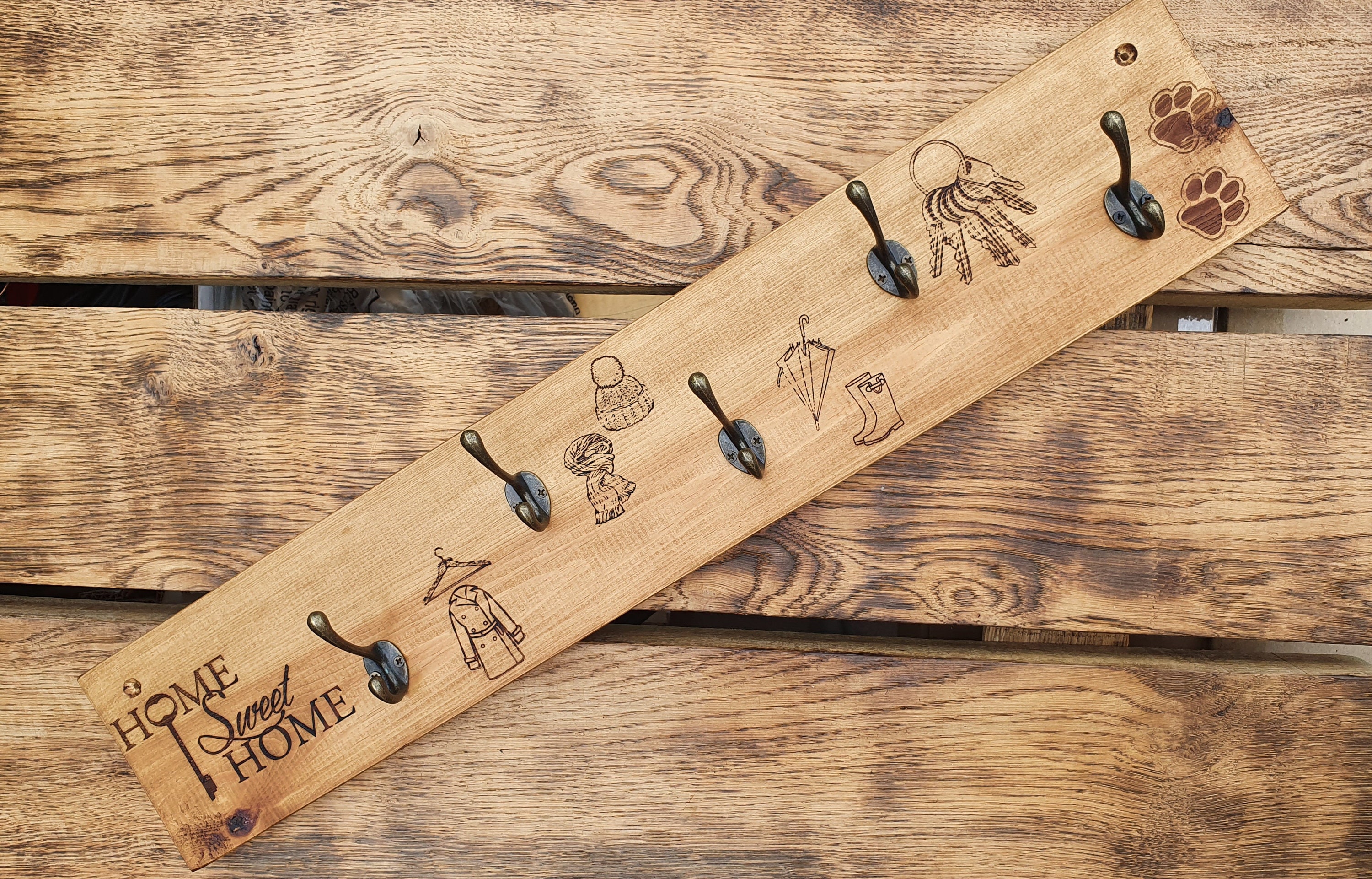 Wooden Engraved Coat Rack Coat Hook Coat Hanger Coat Rail Coat Hooks