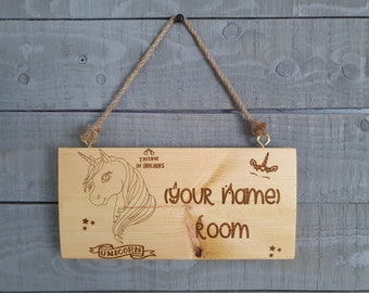 Handmade Engraved Personalised Solid Wood Kids (girls) Unicorn Room Name / Door Sign Plaque / Wall Plaque 12cm x 25cm